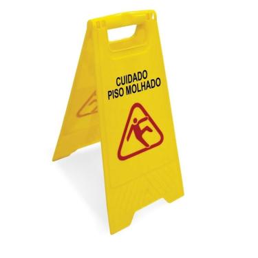 Imagem de Placa sinalizadora cuidado piso molhado cavalete de chao limpeza alta visibilidade amarela