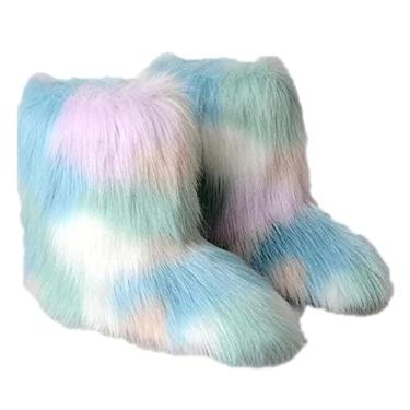 Imagem de TangDao Botas coloridas de pele sintética para mulheres, felpudo, felpudo, bico redondo, camurça, inverno, confortável, pelúcia, quente, curto, botas de neve, botas de cano médio para