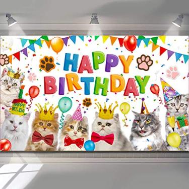 Imagem de Cenário de Gato, Feliz Aniversário, Gatinho, Fundo de Fotografia, Pata de Animais de Estimação, Decoração de Festa de Aniversário para Proprietários de Gatos, Crianças, Decorações de Mesa de Bolo