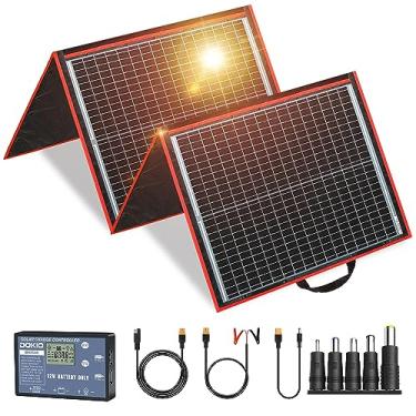Imagem de Kit de painel solar portátil DOKIO 150 W, 18 V, (apenas 4 kg) carregador solar dobrável com 2 saídas USB para baterias de 12 V/estação de energia AGM 12 V, trailer, carro, barco e acampamento