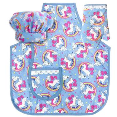 Imagem de Kit Avental Infantil com Touca e Luva Unicórnio Azul