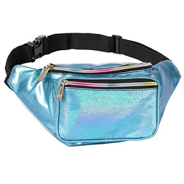 Imagem de Pochete com cinto – bolsa transversal para homens ou mulheres – mãos livres, impermeável, grande, bolsa para caminhadas, corridas e viagens, Azul claro brilhante, One_Size