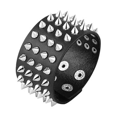 Imagem de STWTR Rebites de metal preto punk rock motociclista cinto largo pulseira de couro guarda pulseira pulseira de pulso caveira, 9 inch, Couro, Sem pedras