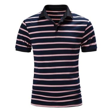 Imagem de Camisa polo masculina com estampa listrada de manga curta para golfe com botões soltos polo casual, Rosa, M