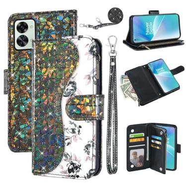 Imagem de Dibosom Capa carteira floral para OnePlus Nord 2T 5G com alça de pulso alça de ombro flip zíper bolsa porta-cartões, suporte brilhante para celular One Plus On 1 Plus 1plus One+ 1+ Nord2T T2 preta