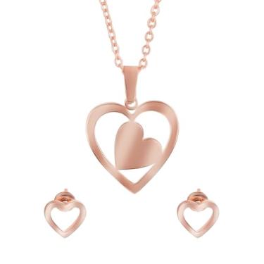 Imagem de Bodha Conjunto de colar feminino com pingente de coração duplo banhado a ouro rosa com brincos combinando (SJN_242_RG), Aço inoxidável, Sem Pedra Preciosa