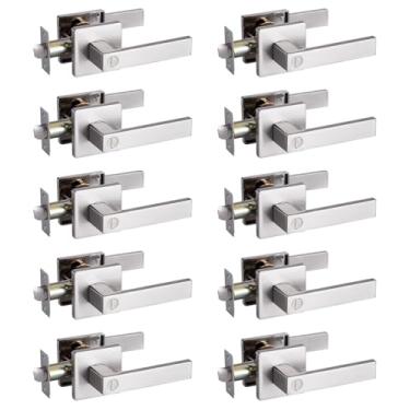 Imagem de MENDOCK Conjunto de fechadura GreenShield sem chave, maçaneta interna reversível resistente para quarto, banheiro, fechadura quadrada para portas canhotas e destros (pacote com 10, níquel acetinado)
