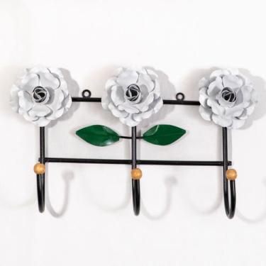 Imagem de Cabideiro de Parede Suporte Artesanal 3 Ganchos Flor Branca - Full Eco