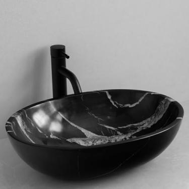 Imagem de Pia de vaso de pedra natural preta - Tigela oval de pia de banheiro com veia única - Pia de mármore artesanal exclusiva - Pia de vaso de pedra exclusiva para banheiros - Peça luxuosa - Veias