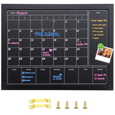 Imagem de Aitakatta Calendário de quadro-negro 3 em 1 para parede, calendário mensal e semanal magnético de 43 x 33 cm, quadro negro para parede com moldura de madeira preta, quadro-negro para decoração
