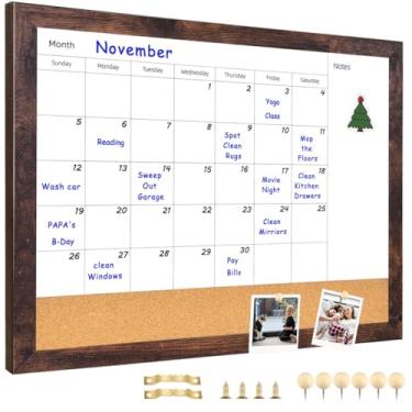 Imagem de Umtiti Calendário mensal quadro branco apagável a seco e quadro de avisos de cortiça, moldura de madeira marrom de 33 x 43 cm, quadro branco de superfície magnética. Perfeito para organizar seu espaço. Quadro branco + cortiça-3343B-BN