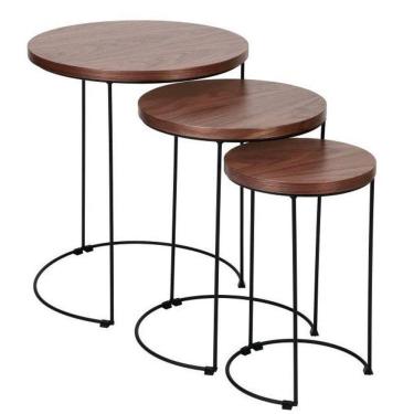 Imagem de Mesa Madeira Conjunto Lateral 03 Peças Nogueira Base Metal Trio