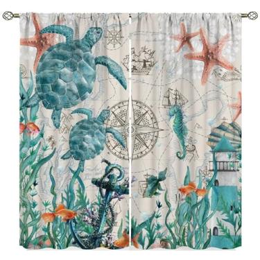 Imagem de Cortinas de cavalo-marinho, coral de animais oceânicos com mapa náutico e estrela do mar Sealifes tema praia cortinas de janela para quarto cozinha janela 2 painéis L 84 x C 84 decoração