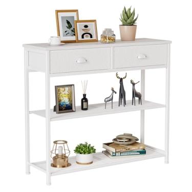 Imagem de Furologee Mesa de entrada de 76 cm, mesa de console branca com armazenamento, mesa de sofá estreita com 2 gavetas e 2 prateleiras para corredor, sala de estar, quarto, hall de entrada, sofá, TV