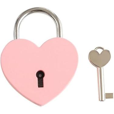 Imagem de Cadeado rosa de baú do tesouro, mini cadeado de metal em forma de coração de amor, diário colorido, cadeado de segurança com chave para caixa de joias, bolsa, armário, armário, caixa de cartas