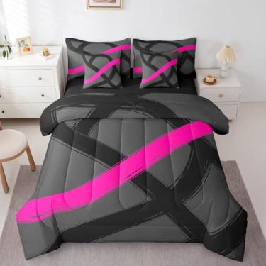 Imagem de jejeloiu Conjunto de edredom com listras pretas rosa choque, Queen, tamanho Queen, geométrico, moderno, arte abstrata, para meninos, meninas, adolescentes, luxuoso, geométrico, decoração de quarto