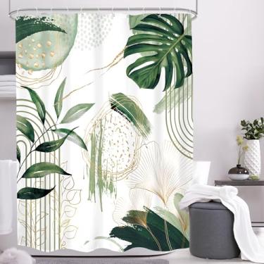 Imagem de Mitpok Cortina de chuveiro boho verde sálvia 54Lx78H pequena tenda moderna abstrata meados do século folhas de palmeira tropicais planta geométrica decoração de banheiro cortina de banho botânica