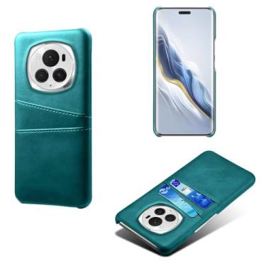 Imagem de Capas Compatível com Honor Magic6 Pro,Caso de couro PU-Tampa de telefone a prova de choque com 2 slots de cartão,Proteção anti-impressão digital e anti-gota-Green
