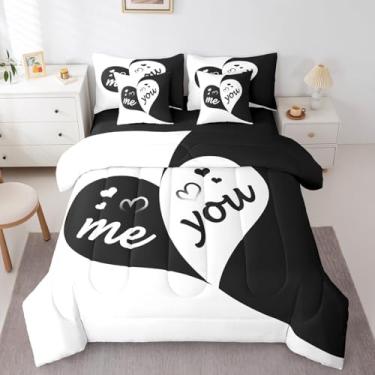 Imagem de Erosebridal Jogo de cama king size You and Me Bed in a Bag, conjunto de lençol de 7 peças, preto e branco com coração de amor, presente de casamento romântico, presente de dia dos namorados para ela,