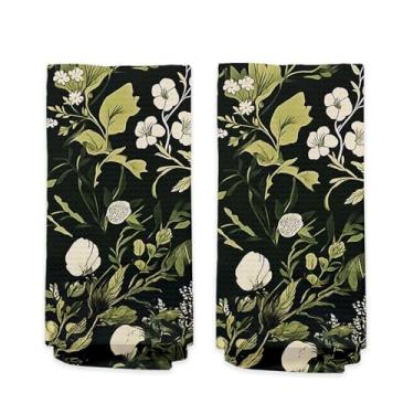 Imagem de Conjunto de 2 toalhas de mão para banheiro com planta floral verde sálvia - Toalhas de mão vintage com padrão botânico de cottagecore escuro para banheiro de hóspedes, retrô rústico francês toalha de