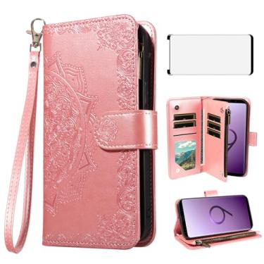 Imagem de Asuwish Capa de celular para Samsung Galaxy S9 capa carteira com protetor de tela de vidro temperado e flor flip porta-cartão de crédito suporte suporte S 9 Edge 9S GS9 mulheres homens ouro rosa