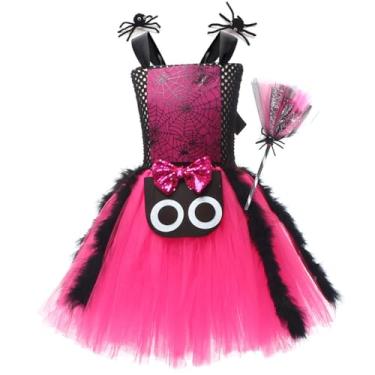 Imagem de ODIZLI Fantasias de Halloween para meninas, fantasia de aranha infantil, fantasias de bruxa, vestido tutu sem mangas, teia de aranha, cosplay infantil com clipes de cabelo, vassoura, 3 peças, rosa