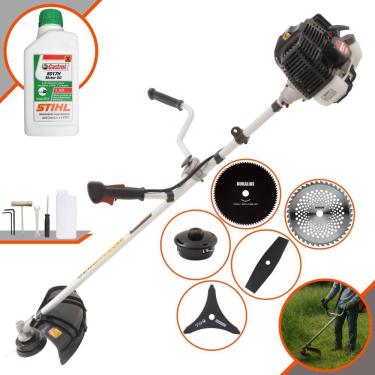 Imagem de Roçadeira Robusta Kawashima KW52LE À Gasolina 2,5HP 52cc Com Carretel, Faca 2 Pontas, Faca 3 Pontas, Faca 40 Dentes, Faca 80 Dentes + ÓLEO STIHL 2T