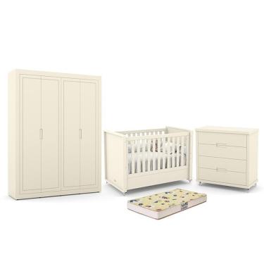 Imagem de Dormitório Tutto New 4 Portas, Cômoda 4 Gavetas E Berço Off White Com Colchão D18 - Matic Móveis Off White