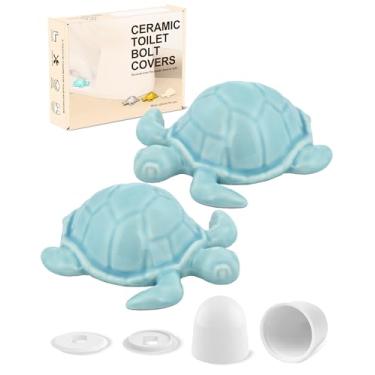 Imagem de boeemi Tampas de parafuso de vaso sanitário decorativas - 2 peças de tampas de parafuso de banheiro de tartaruga marinha azul decoração de banheiro com 2 tampas redondas de plástico