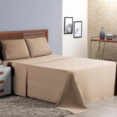 Imagem de Jogo de Cama Casal Queen Percal 400 Fios Ponto Palito 04 Peças, Antiácaro, Não faz bolinha Toque Extra Macio (Caqui)