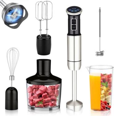 Imagem de 6 em 1 mixer de mão, 1000W, 8 velocidades, Exibição digital LCD, Vem com um copo de 860 ml, Triturador de 600 ml, Batedor de aço inoxidável com 4 pás, Adequado para sopas, smoothies e purés(127V)