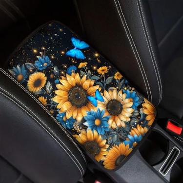 Imagem de FUIBENG Almofada de console central automotiva, protetor de caixa de assento de braço de carro, ajuste universal para a maioria dos caminhões SUV, borboleta de girassol