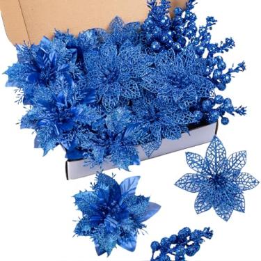 Imagem de Kit com 24 flores artificiais de poinsétia de Natal e bagas com glitter, 2 estilos no total de 16 peças de enfeites de flores de árvore de Natal, 8 palhetas de árvore de Natal para decorações de casamento, azul bebê