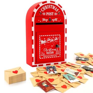 Imagem de JULEASEL Caixa postal de Natal com 30 mini cartões de felicitações e envelopes, caixa postal do advento de férias para casais e família, presente de Natal fofo para amigos, cartas para o Papai Noel