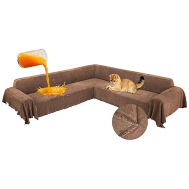 Imagem de ROFASVCO 1OO% capas de sofá seccionais de canto à prova d'água em forma de L com borla, macia, grossa, lavável, protetor de móveis para cães e animais de estimação (231 cm x 701 cm, marrom claro)