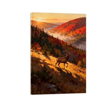 Imagem de Quadro arte parede outono-Veado floresta dos campos Impressões em tela paisagens-Pintura animais para decoração sala estar 20x30cm Tela Embrulhada