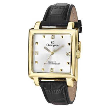 Imagem de Relógio Feminino Dourado Quadrado Champion Pulseira Couro+Nf