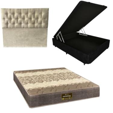 Imagem de Cama Box Baú Blindada com Colchão de Espuma Orthopedic + Cabeceira Botonê - Casal 138x188 (CORINO PRETO)
