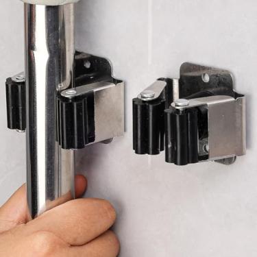 Imagem de 2 peças de suporte de vassoura e esfregão, organizador de ferramentas de jardim resistente, ancinho e alça de pá, gancho de esfregão de aço inoxidável, rack utilitário montado na parede com parafusos