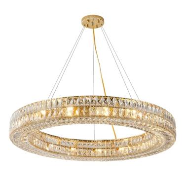 Imagem de Homeooze Lustre de cristal de anel de 15 luzes, lustres modernos de iluminação e anel de suspensão ajustável, luminária de teto para sala de estar, sala de jantar, quarto (ouro, 101,6 cm)
