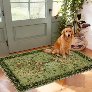 Imagem de TANVILL Tapete de entrada 5 x 7 cm, lavável na máquina, antiderrapante, tapete de área pequena, floral boho para entrada, porta da frente, entrada, cozinha, quarto infantil (verde)