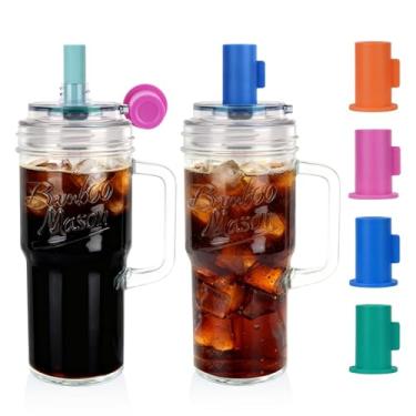 Imagem de ANOTION Copos de vidro com tampas e canudos à prova de vazamento - copo de 680 g com alça xícaras de café canudos de vidro conjunto de bebidas essenciais para cozinha acessórios de café