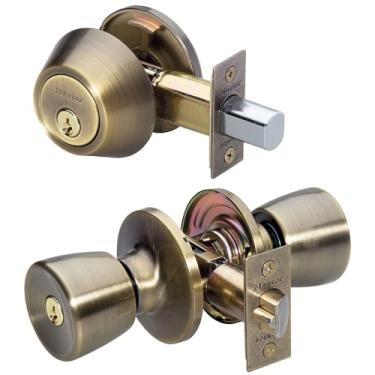 Imagem de Master Lock Fechadura de porta de entrada com chave, fechadura de cilindro único com botão estilo tulipa combinando, latão antigo, TUCO0605, combo