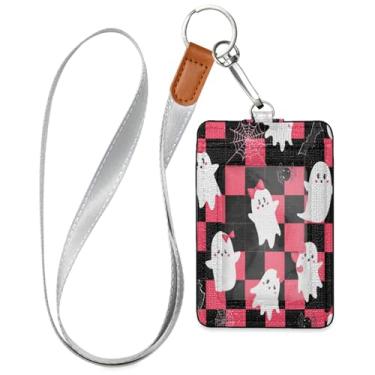 Imagem de Wassud Lindo porta-crachá de couro PU fantasmas com laços, com cordão, porta-cartão de identificação para trabalho, cordão de pescoço com compartimentos para cartões de crédito, funcionários