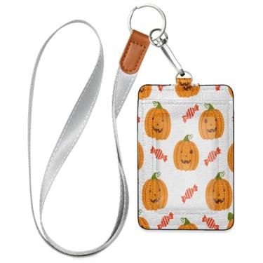 Imagem de Wassud Porta-crachá de couro PU Pumpkins and Candy com cordão, porta-cartão de identificação para trabalho, cordão de pescoço com compartimentos para cartões de crédito, funcionários, estudantes, 39,9