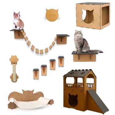 Imagem de Playground Para Gatos 10 Peças Brinquedo de Gato com Casa para Gatos Dois Andares Toca Rampa Circuito Completo Gatos