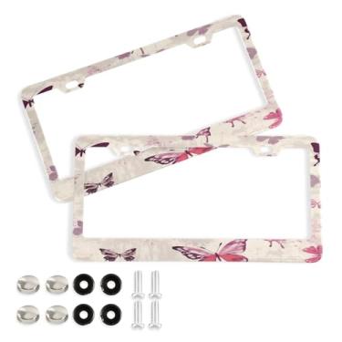 Imagem de Wassud Linda moldura de placa de licença de borboleta com parafusos, 2 pacotes de molduras decorativas de etiqueta de carro de alumínio, acessórios universais de carro para mulheres e homens