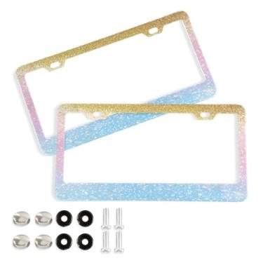 Imagem de Wassud Linda moldura de placa de carro com glitter pastel moldura decorativa de alumínio para carro pacote com 2 suportes universais para placa de licença para carros padrão dos EUA
