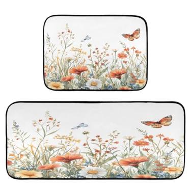 Imagem de Qilmy Tapetes de cozinha de flores silvestres e borboletas, 2 peças, tapete de entrada frontal, antiderrapante, alivia a fadiga, lavável, tapete para cozinha, quarto, varanda643
