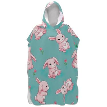 Imagem de Joisal Roupão rosa fofo de coelho azul-petróleo para adultos, poncho de surfe, reutilizável, unissex, adulto, com capuz, toalha de banho com capuz
